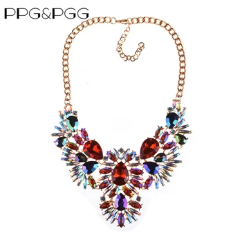 

PPG&PGG Colorful Crystal Statement Necklace Multi Color Rhinestone Necklaces Women Wedding Jewelry Wholesale