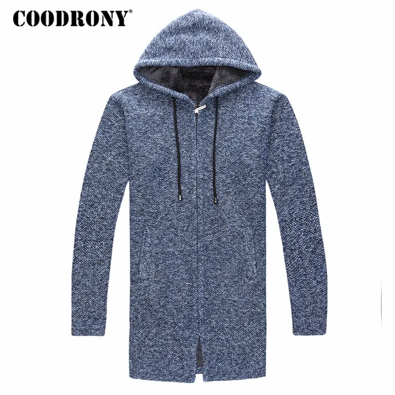 COODRONY свитер Мужская одежда Зимний толстый теплый длинный кардиган мужской с капюшоном свитер пальто с хлопковой подкладкой пальто на молнии H004