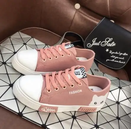 

Women Flat Cartoon Canvas Shoes 2018 New Summer White Lace Up Student Board Shoes Ladies Casual Shoes Female Sneakers Women flat