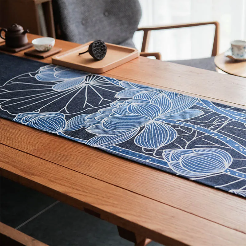 Chinese Style Lotus Pattern Table Runners Linen Table Runner Dustproof