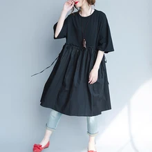 Повседневное платье, новое летнее женское хлопковое корейское модное удобное однотонное свободное черное платье с круглым вырезом и поясом