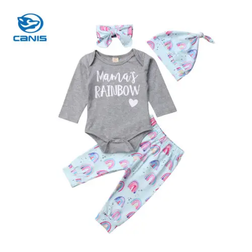

Newborn Infant Baby Girls Cotton Long Sleeve Letter Tops Romper Rainbow Pants Outfits Headband Hat Autumn Girl Kid Clothes Sets