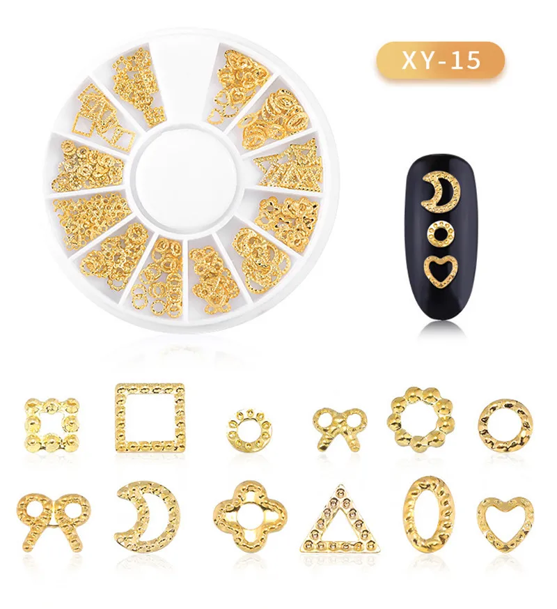 1 коробка, золотые заклепки для ногтей, 3D украшения для ногтей, круг, звезда, морская звезда, Круглый квадратный треугольник, смешанные аксессуары в колесиках для DIY