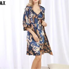 YT7 Мода "v" воротник из искусственного шелка Для женщин халаты с принтом, лидер продаж Три четверти элегантный два-устанавливает одеяния для лета