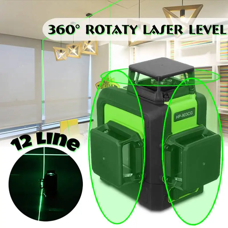 

12 Lines Green Cross Line Laser Level 510nm 3D 360 Degree Rotation Auto Leveling Horizontal Vertical Laser Beam Indoor/Outdoor