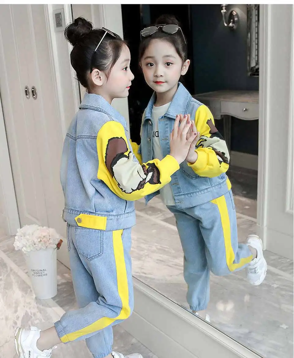 Autumn Girls Set Cartoon Pattern Jacket+Jeans Fashion Clothing For Girls Teenage Spring Clothes For Kids 4 6 8 12 13 Years