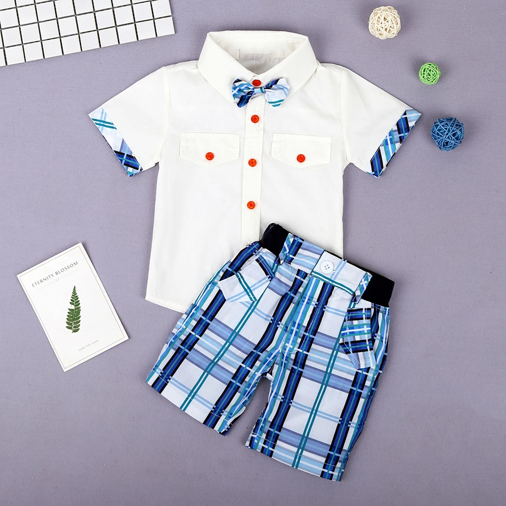 

New Kids Boys Clothes Set Summer Children Clothing Set Short Sleeves Gentleman Bow Tie Shirts With Plaid Shorts Suits Kids Set