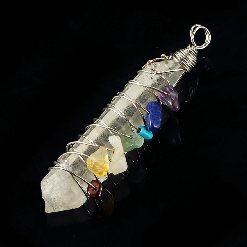 

100-Unique 1 Pcs Silver Plated Wire Wrapped Irregular Shape Rock Crystal With Chakra Stone Pendant Fashion Jewelry