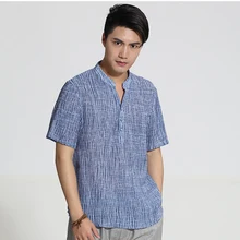 Новинка года для мужчин креп стенд рубашка с воротником Лето Хлопок Лен рубашки домашние муж. китайский стиль костюмы M, L, XL, XXL, XXXL CM23173