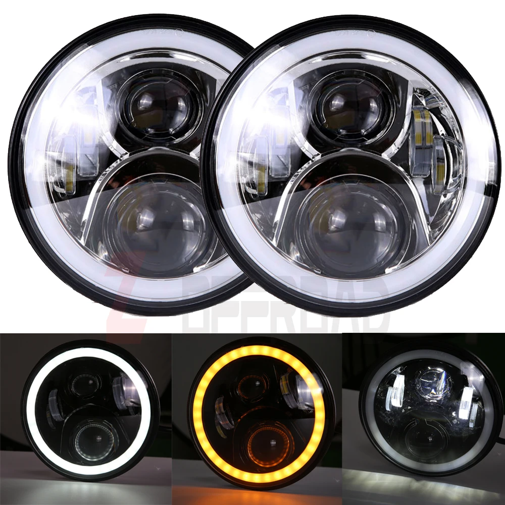 7 дюймовый круглый светодиодный фары Белый Halo Angel Eye Ring DRL & Янтарный указатель