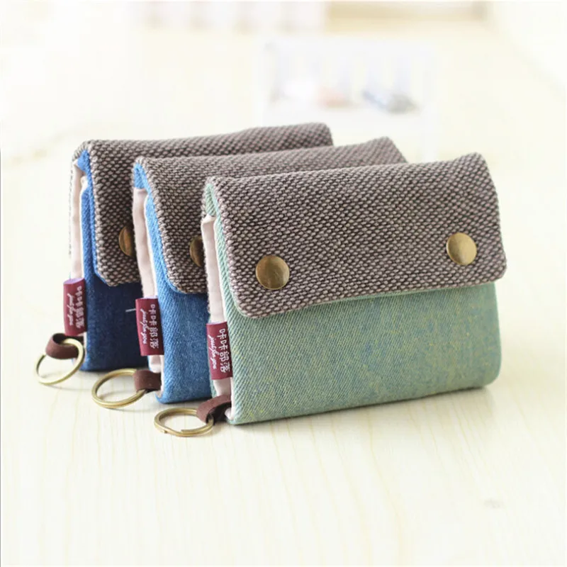 

New Women's Cute Vintage Print Short Purse Canvas Button Wallet Coin Card Holder Soft Denim Phone Card Female Clutch