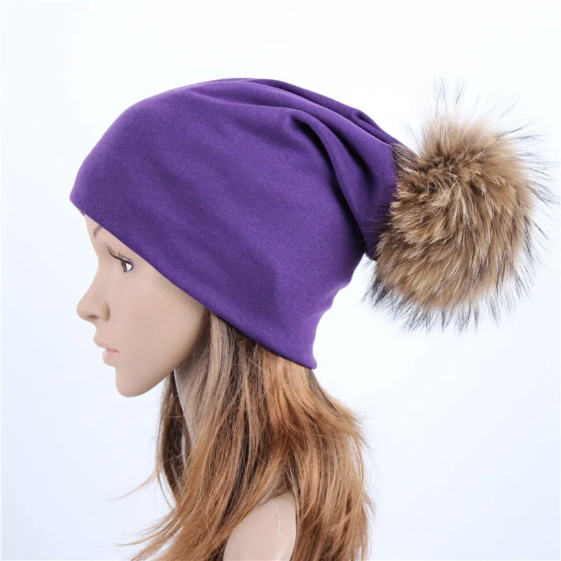 Purple A Geebro, женская шапка, осенняя, повседневная, цветная, с помпонами, громоздкая, шапочки, для девочек, Лисий мех енота, с помпоном, женская, с помпоном, шапка Skullies - Цвет: Purple A