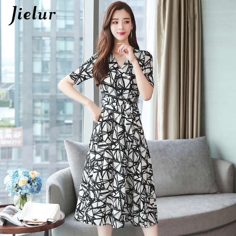 

Jielur Dress Woman High Waist V-neck Chiffon A Line Retro Dresses Casual Chiffon Office Lady Vestidos Lace-up Fashion Sukienki