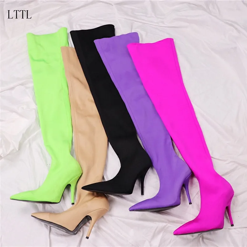 2017 Silk Stretch Purple Over The Knee Boots Women Sexy Pointed Toe