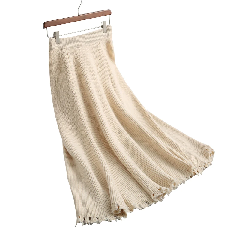 

2018 Autumn Women Knitted Long Skirts High Waist Women Thick Winter Long Skirts Saia Faldas Female Ripped Hem Women A-Line Skirt