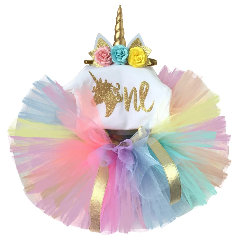 Мой малыш платья с единорогом для девочек 1st для празднования первого дня рождения разноцветные платья повязка на голову "Единорог" наряды новорожденные младенцы Платье-пачка