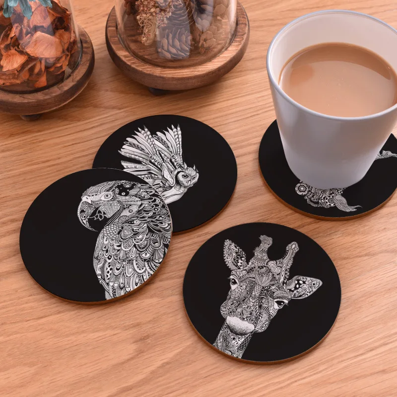 Square Wooden Table Coasters Hot Pad Cork Animal Table Mat Round Placemat Dining Table Mats Kitchen Accessories Decoration Home
