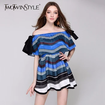 

TWOTWINSTYLE Off Shoulder Dress For Women Print Lace Up Bow Tunic High Waist A Line Beach Mini Dresses 2020 Summer Fashion New
