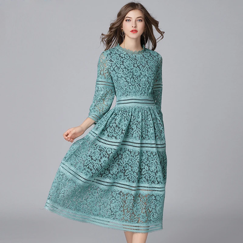2019 spring green color women floral lace long dresses plus size A line