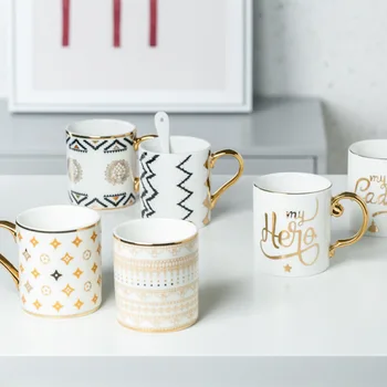 

Luxury Gold Totems Mosaic Geometric Flamingo Ceramic Coffee Mug Coffee Cup Gold Breakfast Milk Water Cup Couple Creative Gifts