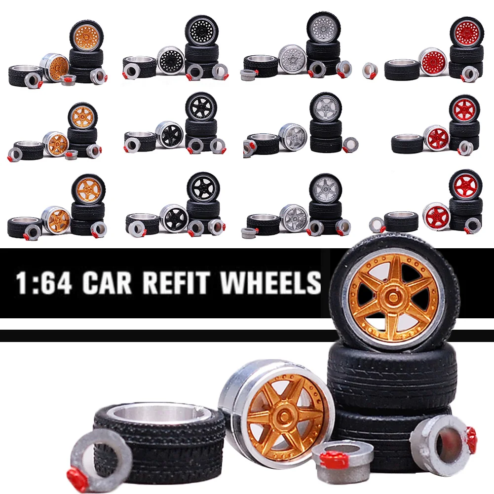 1:64 12 Styles Model Modified Tire+2axles+4end Caps Diecasts Alloy Wheel Tire Rubber Vehicles General Model Of Car Change Wheel