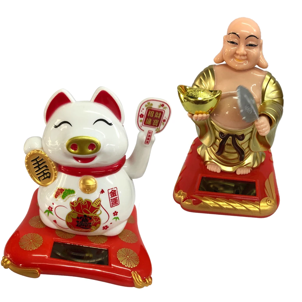 Solar Powered Lucky Beckoning Waving Pig Lucky Money Pig &Shaking Buddha for Home Office and Car décor -54x3.54x3.94inch