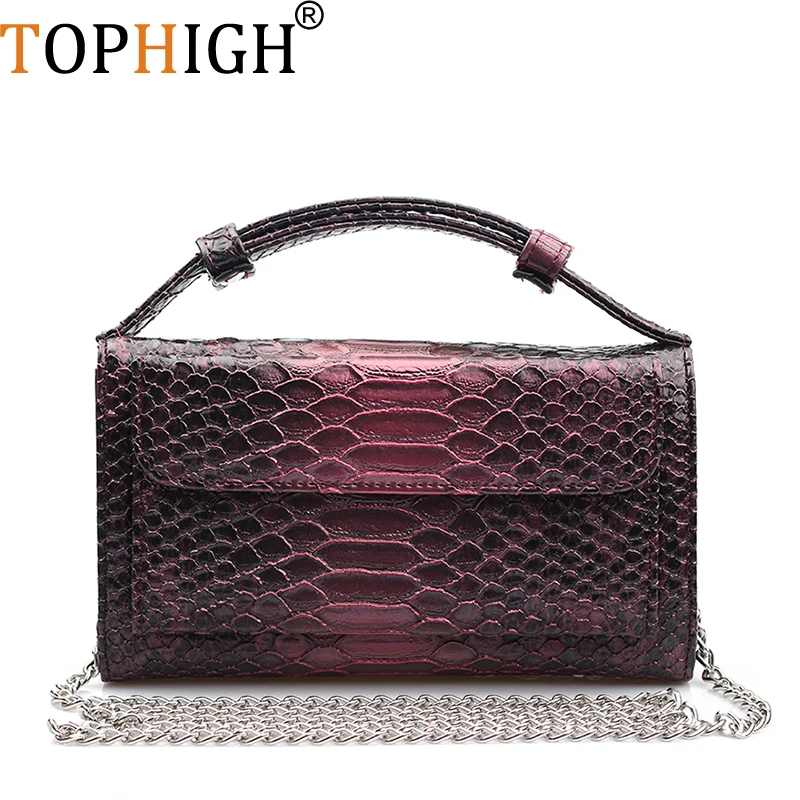 

TOPHIGH Luxury Cowhide Leather Clutch Shoulder Cross-body Bag Small Crocodile Pattern Genuine Leather Clutch Chain Women's Gift