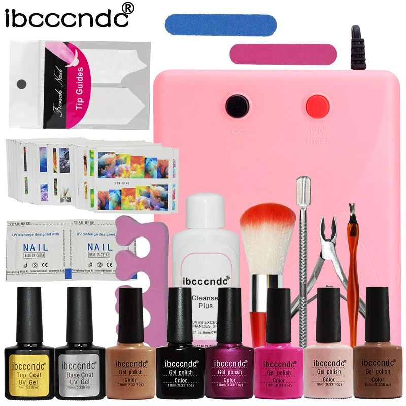

Ibcccndc Nail Art Manicure Tools 36W UV Lamp + 6 Color 10ml Soak off Nail Gel Base Top Coat Polish Remover Practice Set File Kit