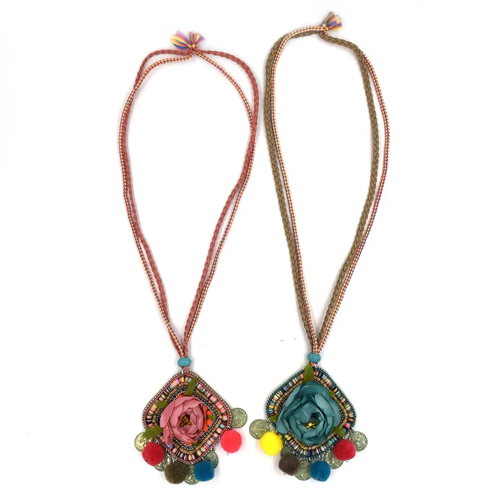 New Handmade Bohemia Jewelry Rose Flower Pendants Necklaces Leather Chain Retro Pompoms Pendants Necklace For Women