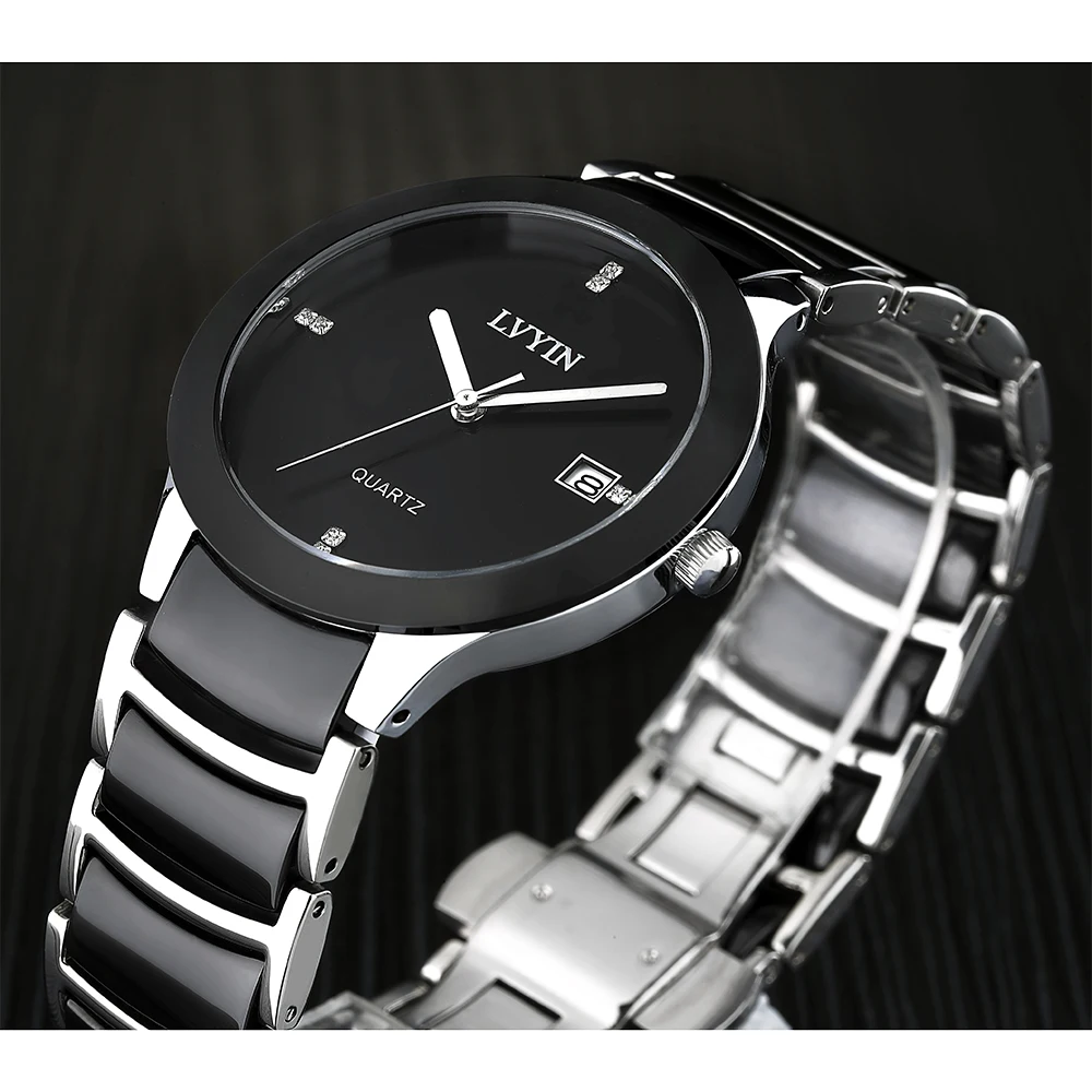 LVYIN керамические парные часы брендовые роскошные черные часы для влюбленных женщин и мужчин Relojes Hombre без коробки кварцевые часы с календарем 042