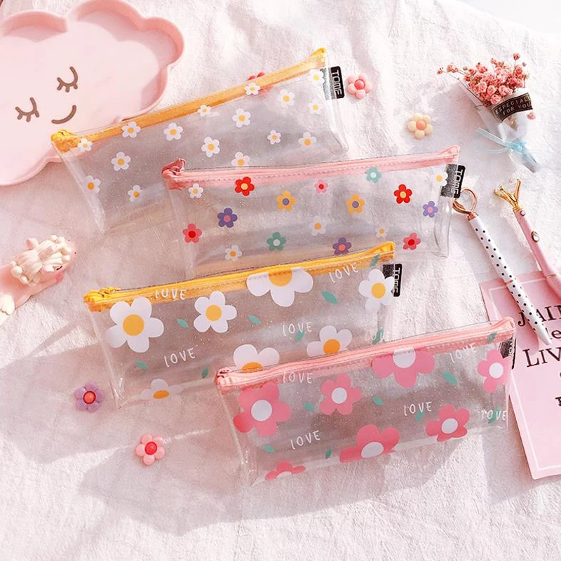 

1 Pcs Simple Transparent Small Flowers PVC Waterproof Pencil Case Stationery Storage Organizer Zipper Pencil Bags for Girls