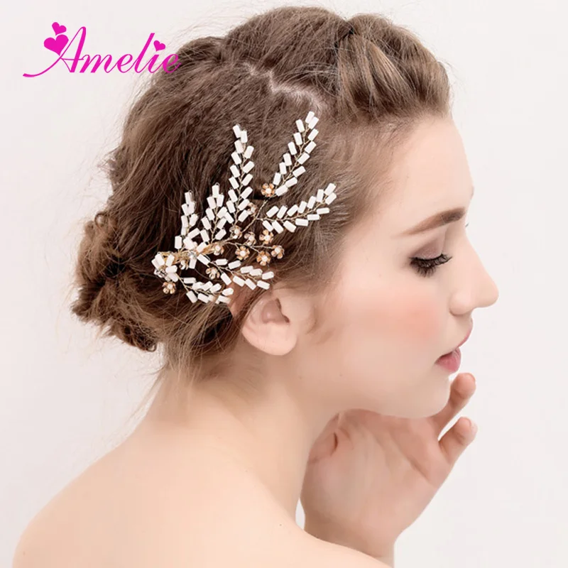 Continental Golden Bridal Jewelry White Beads Side Hair