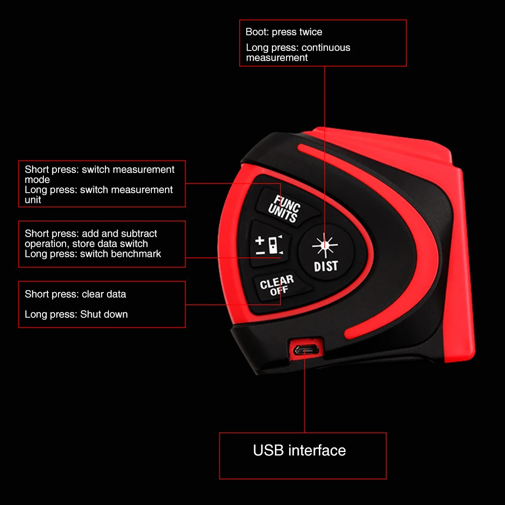 

2 In 1 Digital Tape Rechargeable Range Finder USB Charging LCD Display Distance Meter Infrared Waterproof Measure Tools Test