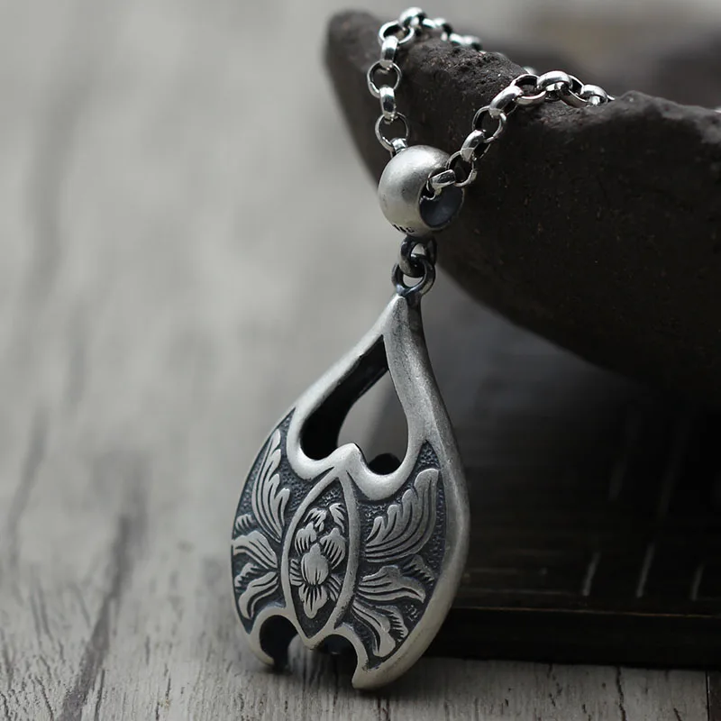 

S990 silver jewelry personality shaped lotus sweater chain Pendant Necklace Pendant Silver Vintage Old relief