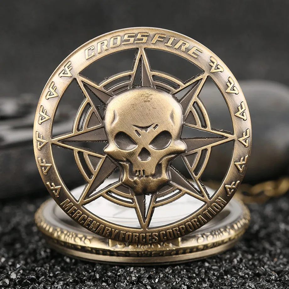 Cool Hollow Emboss Skull Cross Fire Mercenary Forces Corporation Quartz Arabic Number Pocket Watches Men Women Pendant Necklace (10)