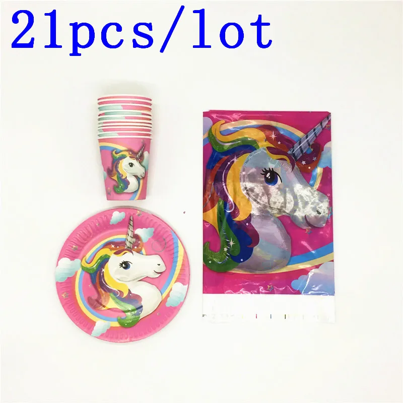 

21pcs kids party unicorn birthday decorations girls party set supplies cups plates tablecloth disposable party tableware