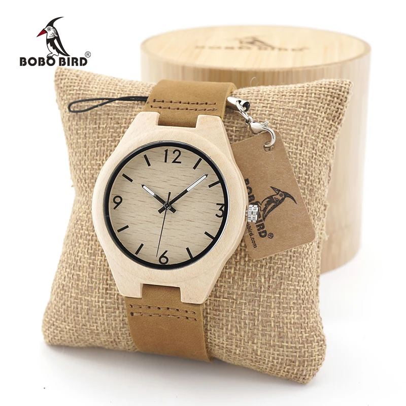 

BOBO BIRD Minimalist Design Maple Wooden Watch Ladies Mens Luxury Brand Timepiece with Real Leather Strap in Gift Box