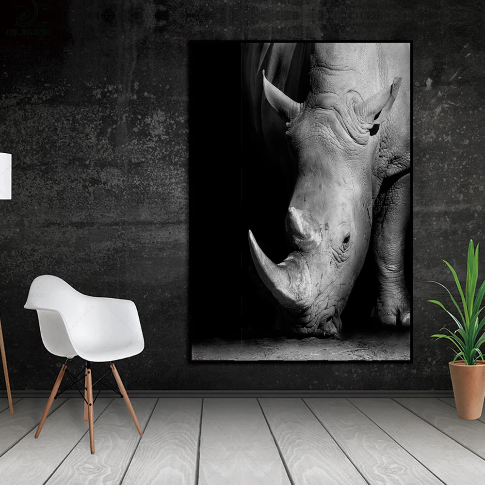Современный минималистский крупным планом Белый носорог черный, белый цвет плакат холст роспись стены Книги по искусству распечатать