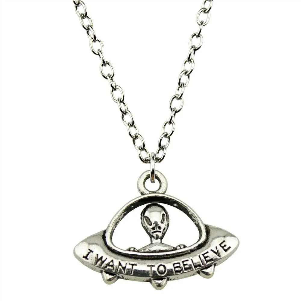 1 x Tibetan Silver Plated Necklace "I Want To Believe" Alien UFO 