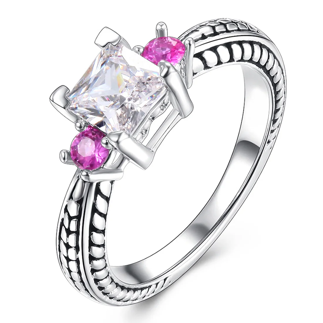 Pink CZ Stone Silver Promise Ring for Women Fashion Wedding Engagement