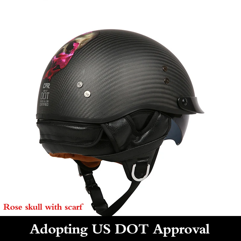 Мотоциклетный шлем Harley оболочки из углеродного волокна для мопеда и мотокросса в винтажном стиле реактивный шлем 1/2 Ретро половина шлем внутренняя козырек protive шестерни - Цвет: Rose  skull scarf