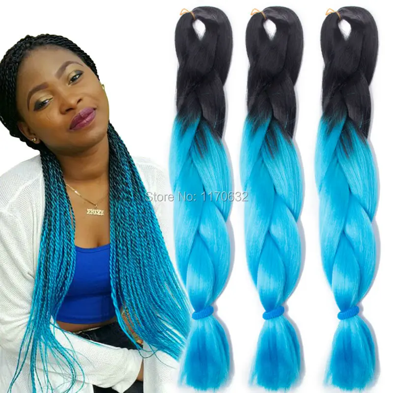 10pcs Ombre Blue Braiding Hair Box Braid Extensions Two Tone Ombre