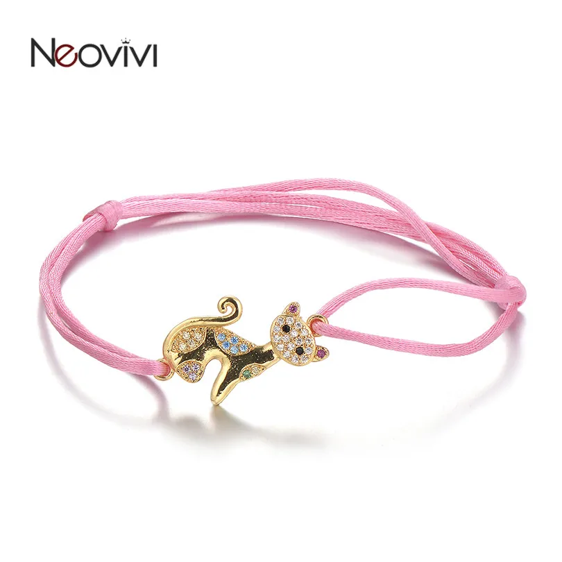 Neovivi Синий Розовый Веревка нитяные браслеты для женщин дети микро проложить красочные CZ Кот Шарм ткачество браслеты на ручная работа ювелирные изделия