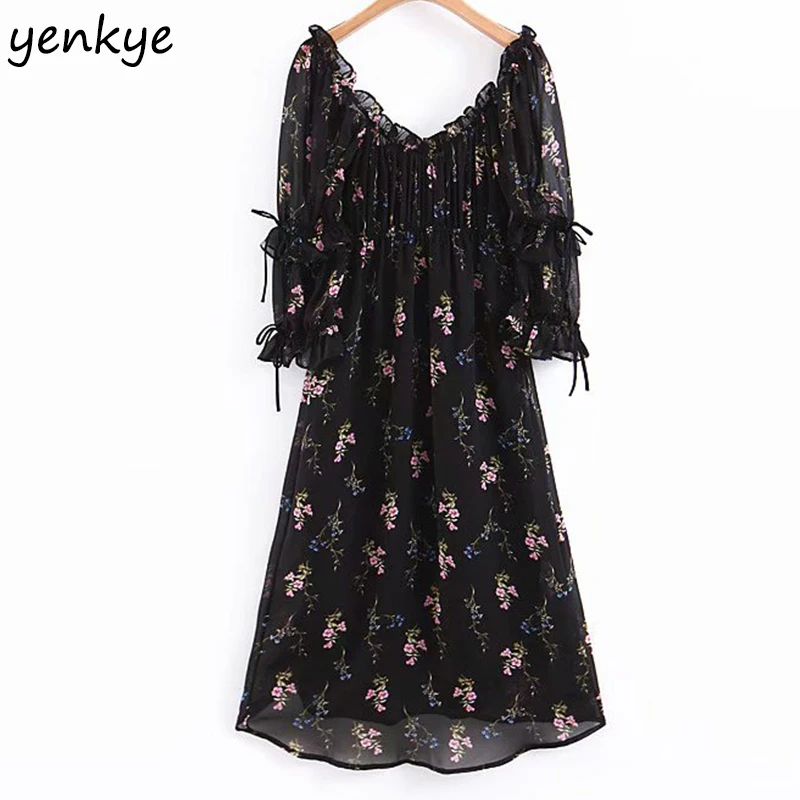 Женское винтажное шифоновое платье черного цвета с цветочным принтом элегантное дамское асимметричное летнее платье для вечеринки с квадратным вырезом и пышными рукавами