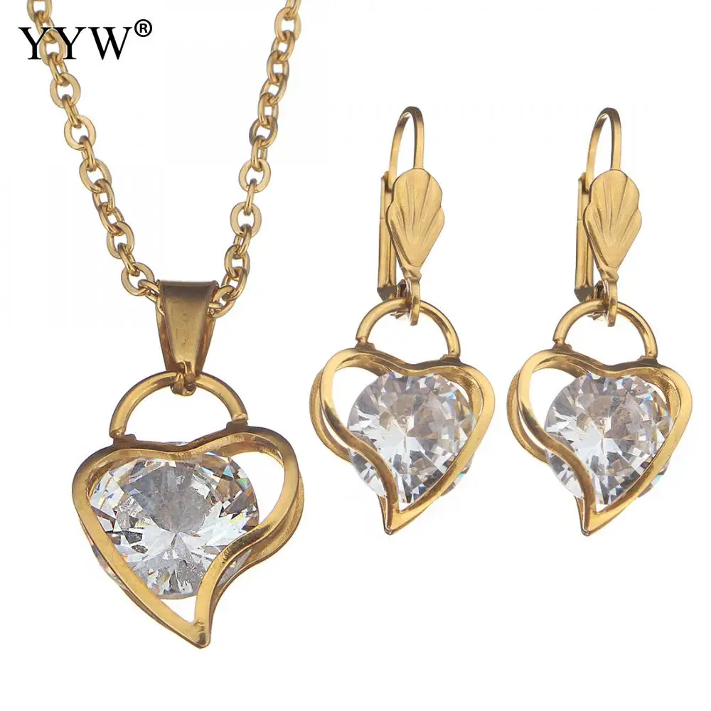 Fashion Jewelry Set Stainless Steel Necklace Earring Heart Crystal Set Gold Color Stainless