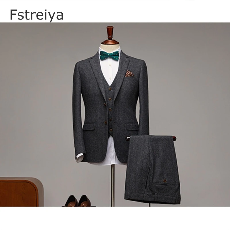 Custom made wool men slim fit suits for wedding tailored tweed suit with pants men groom clothes latest coat pant design 3 piece