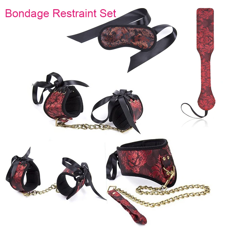New Bdsm Bondage Restaint Set Fetish Sex Slave Collar And Leash Hand Cuffs Ankle Eye Mask Whip Toys for Couples | Красота и здоровье