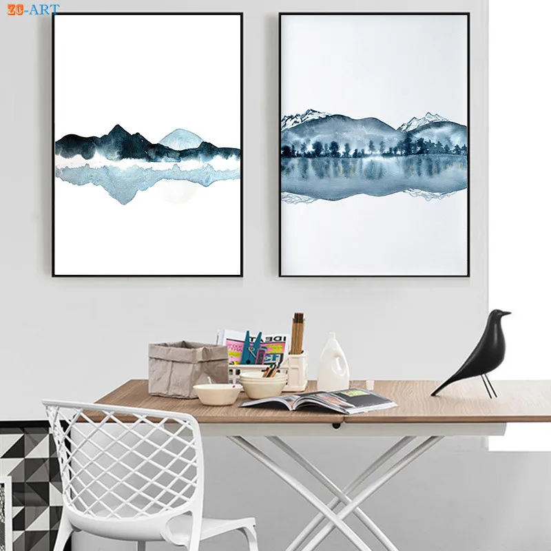 Watercolor Abstract Landscape Canvas Painting Posters and Prints Navy Blue Wall Art Wall Pictures for Living Room Decorative