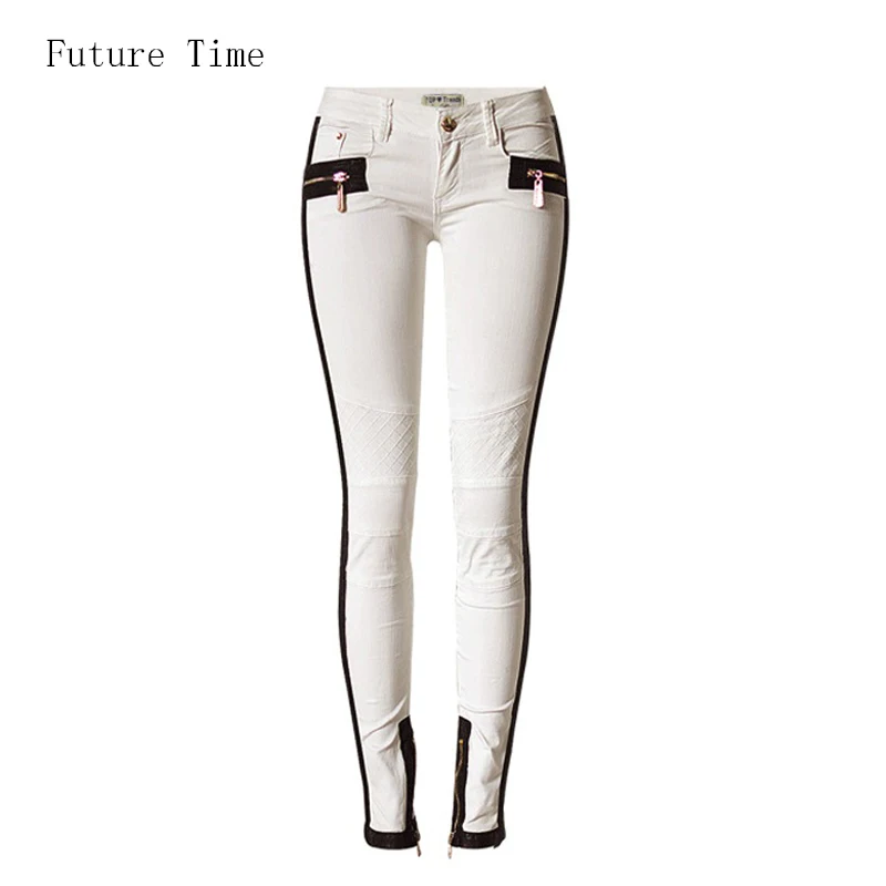 2017 new Women jeans white jeans low waist full length stretch pu spliced pleated washed slim