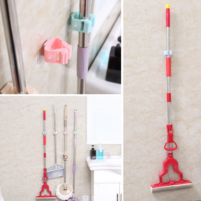 1Pc Sticky Broom Holder Mop Hanger Brush Storage Rack Wall Mounted